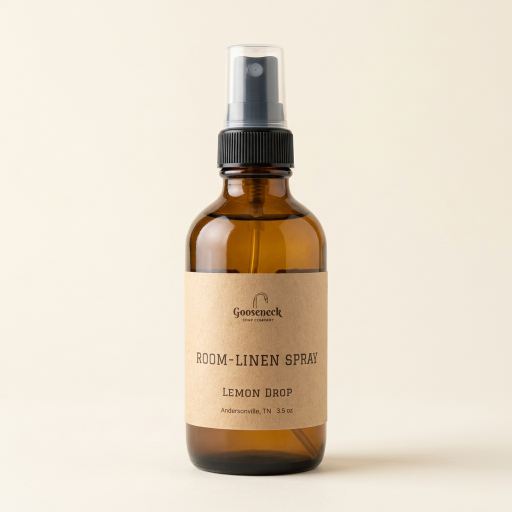 Gooseneck Soap Company Lemon Drop Linen & Room Spray on a warm ivory background