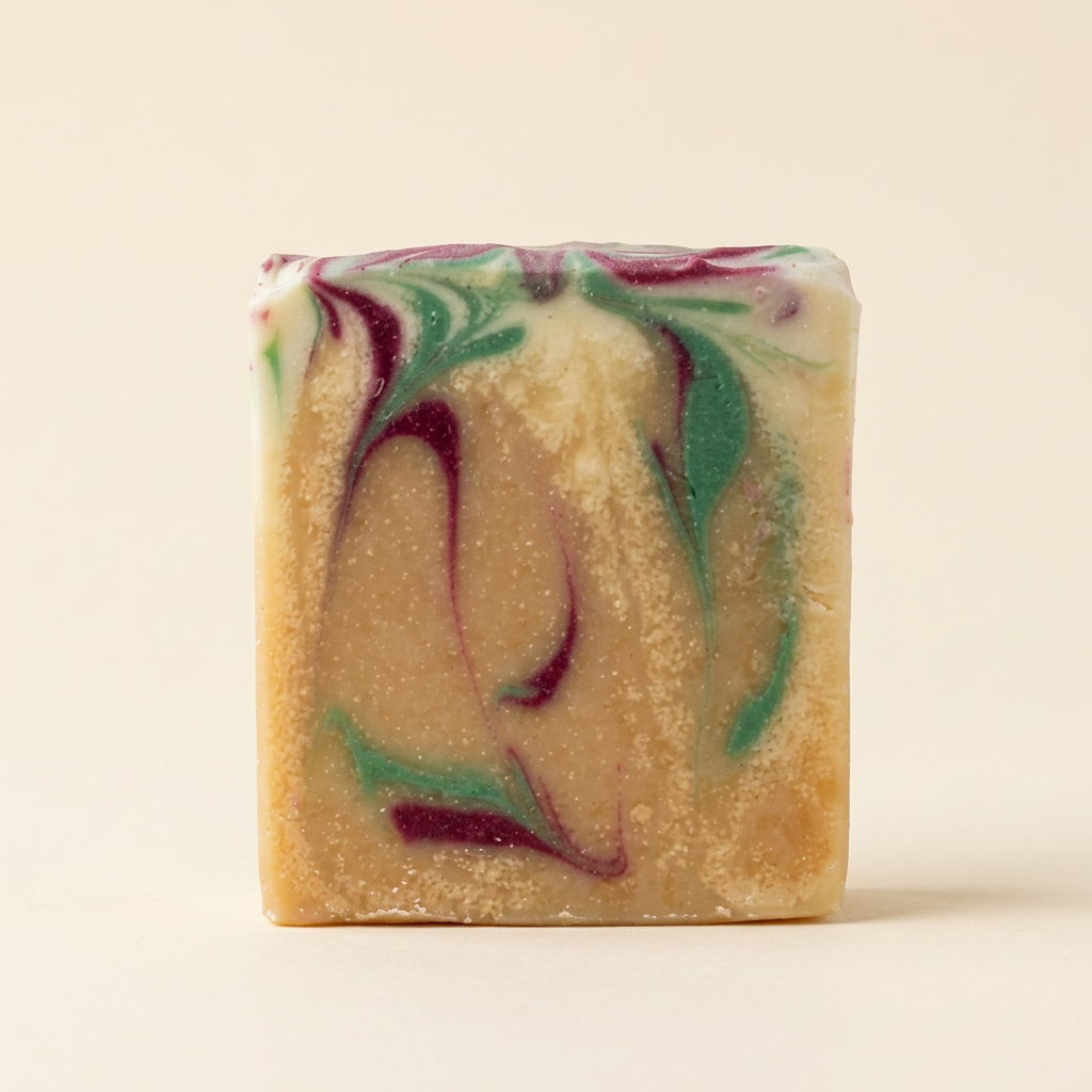 Nanny Goat soap with green and cherry-purple swirls on a warm ivory background