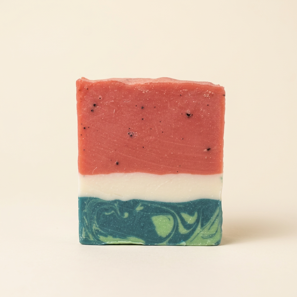 Sweet Watermelon soap with colorful layers on a warm ivory background