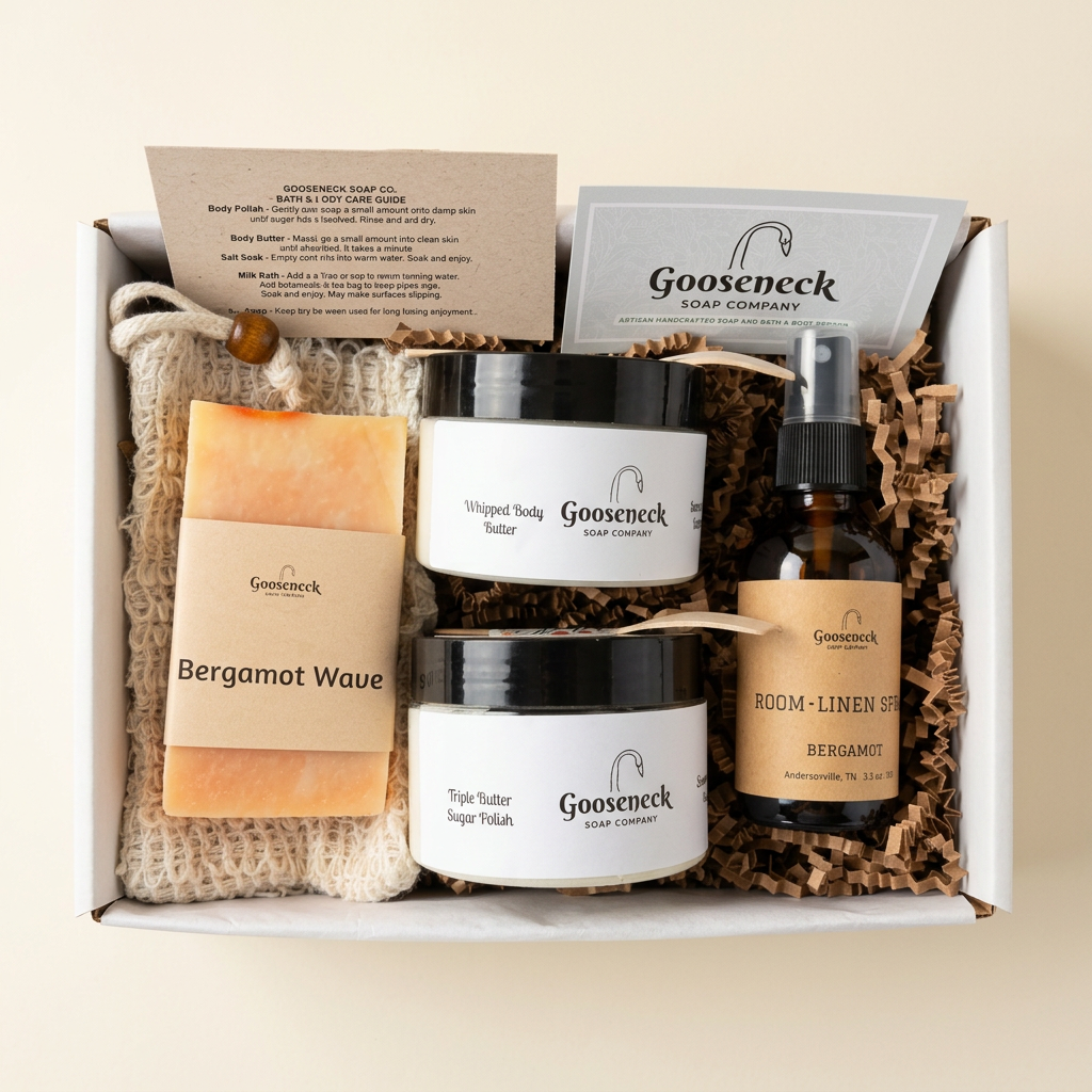 Open Bergamot Gift Set with bar soap, soap pouch, two jars, and room and linen spray on a cream background