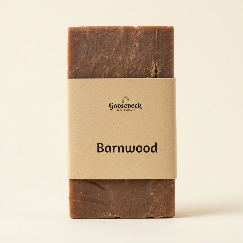 Barnwood soap with its paper label on a warm ivory background