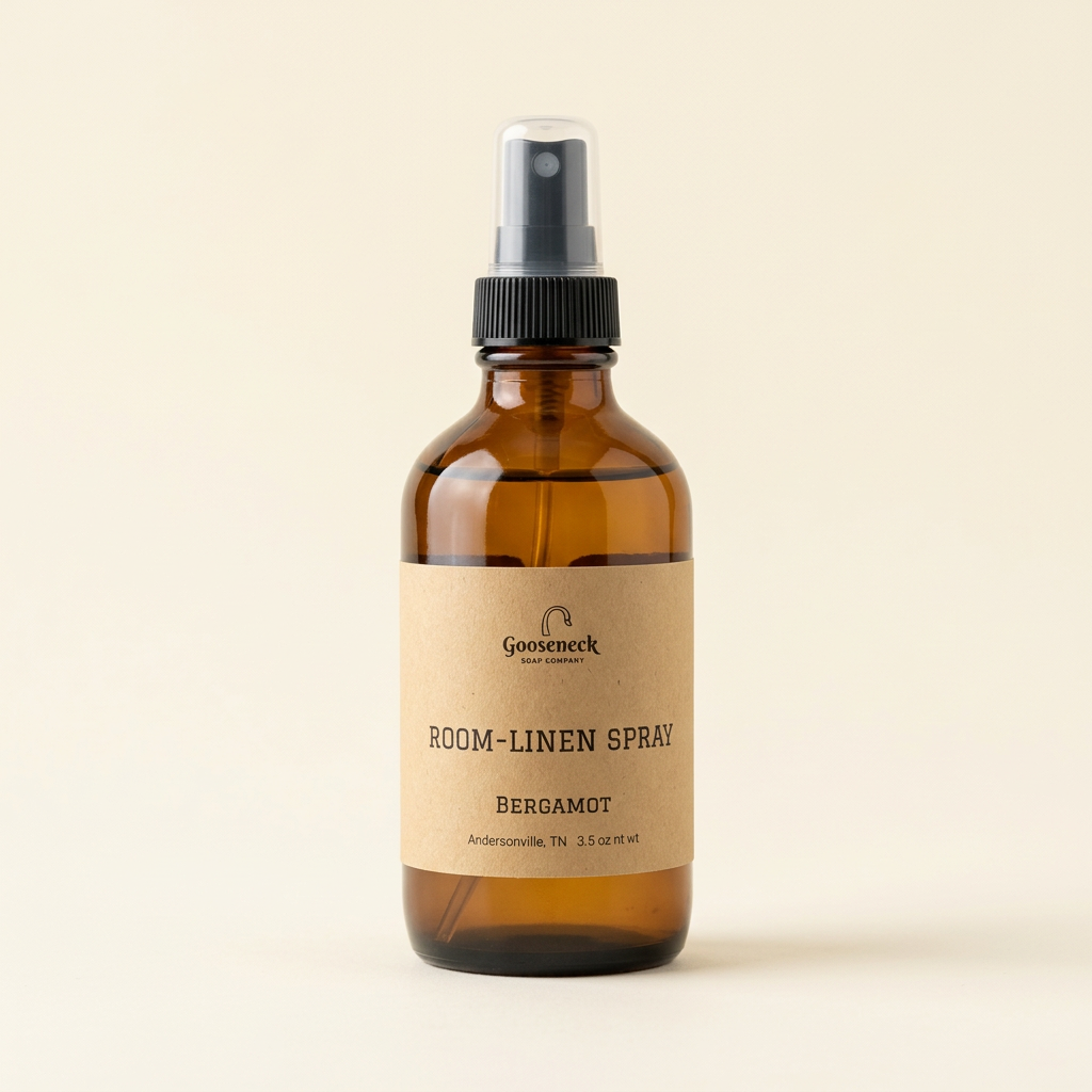 Gooseneck Soap Company Bergamot Room-Linen Spray amber bottle on a cream background