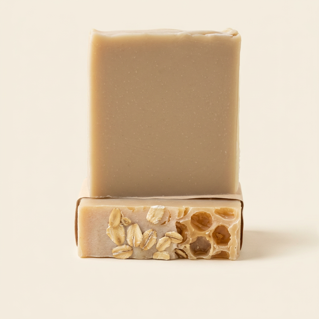 Oats, Milk & Honey soap bars with visible oat flakes on a warm ivory background