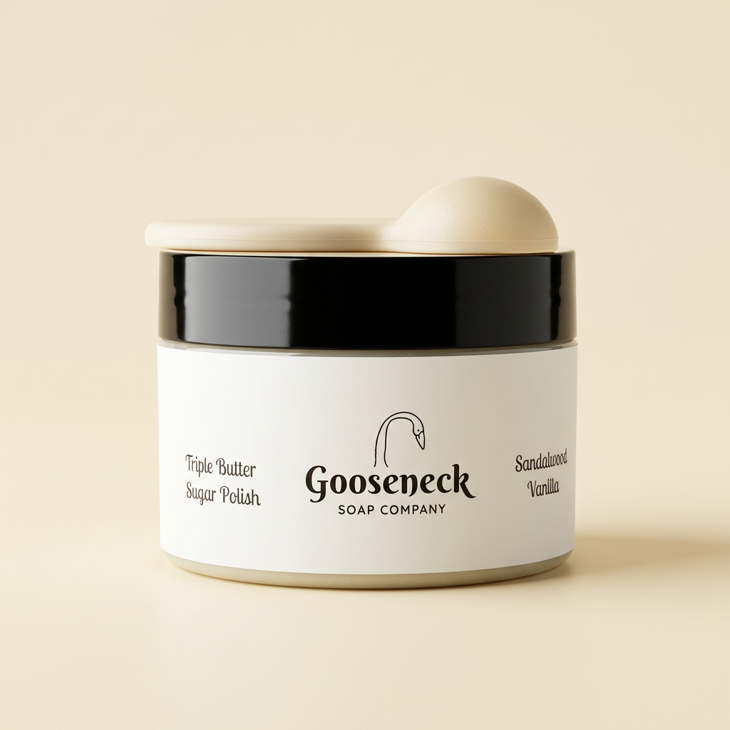 One Gooseneck Sugar Polish jar with scoop on a warm cream background